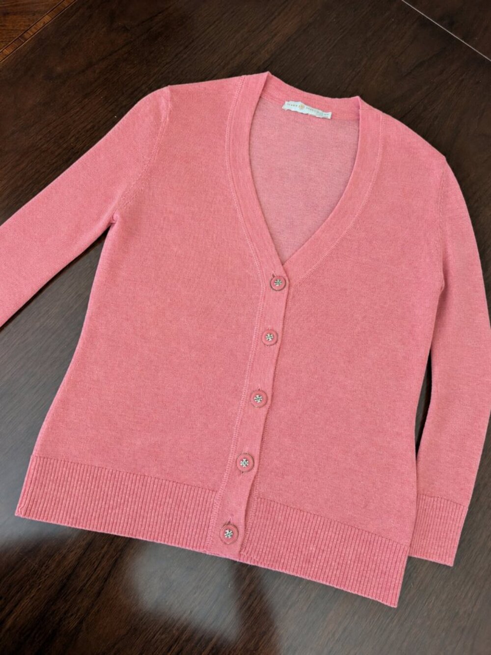 Tory Burch Pink Merino Wool V-Neck Cardigan Gold T-Logo Buttons S